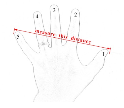 Measure from the outside of the thumb to the outside of the fifth finger.