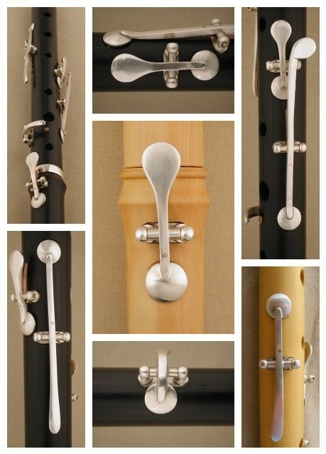 [Photo collage of forged sterling silver keys on a blackwood, mopane, and boxwood flutes]
